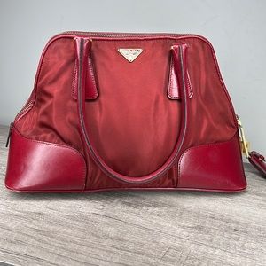 Authentic Burgundy Leather and Nylon Prada Satchel Bag Purse